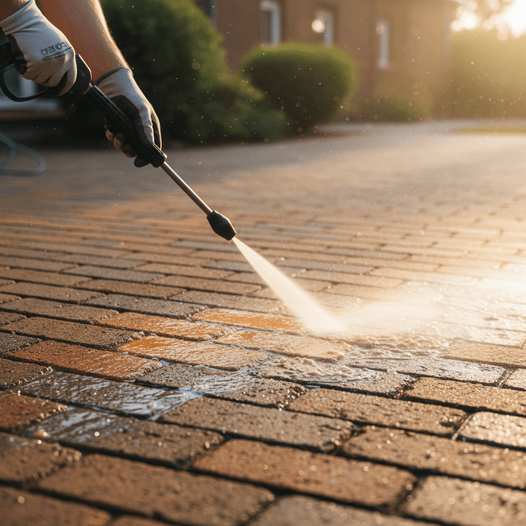 Pressure washing service cleaning residential patio