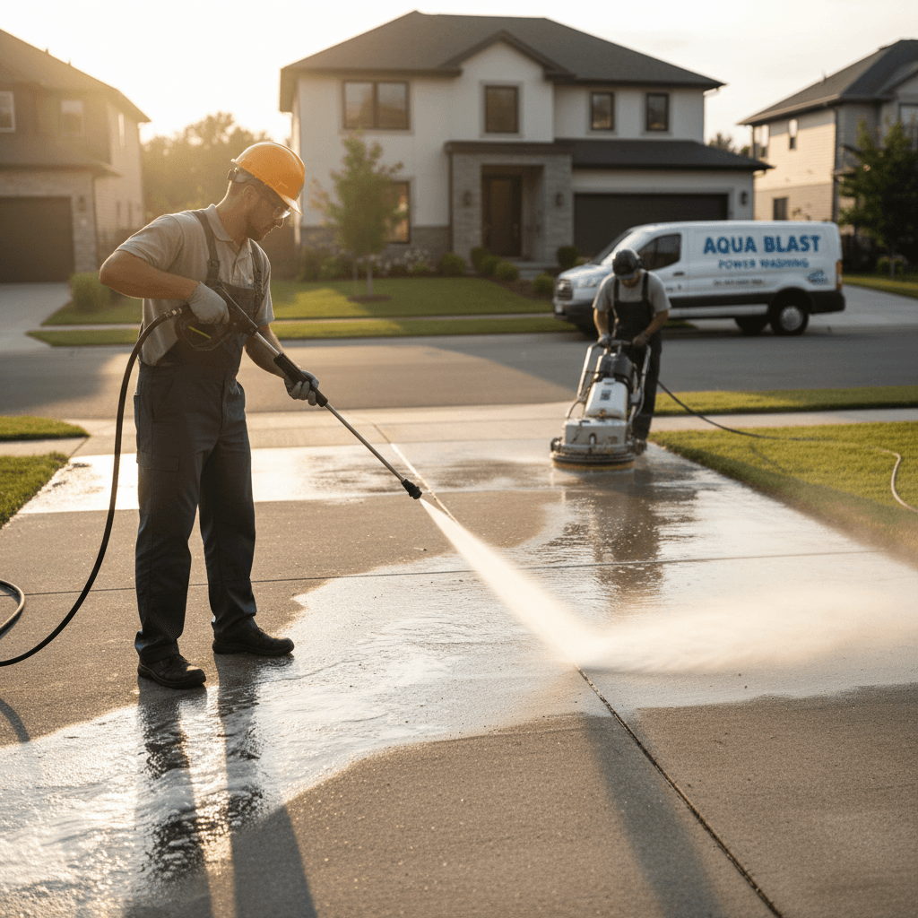Professional pressure washing of driveway and patio