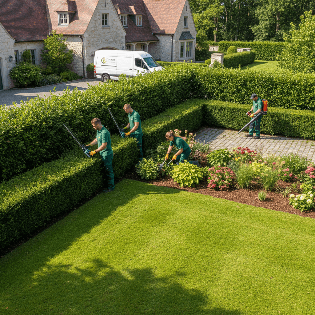 Landscaping maintenance with lawn care and garden work