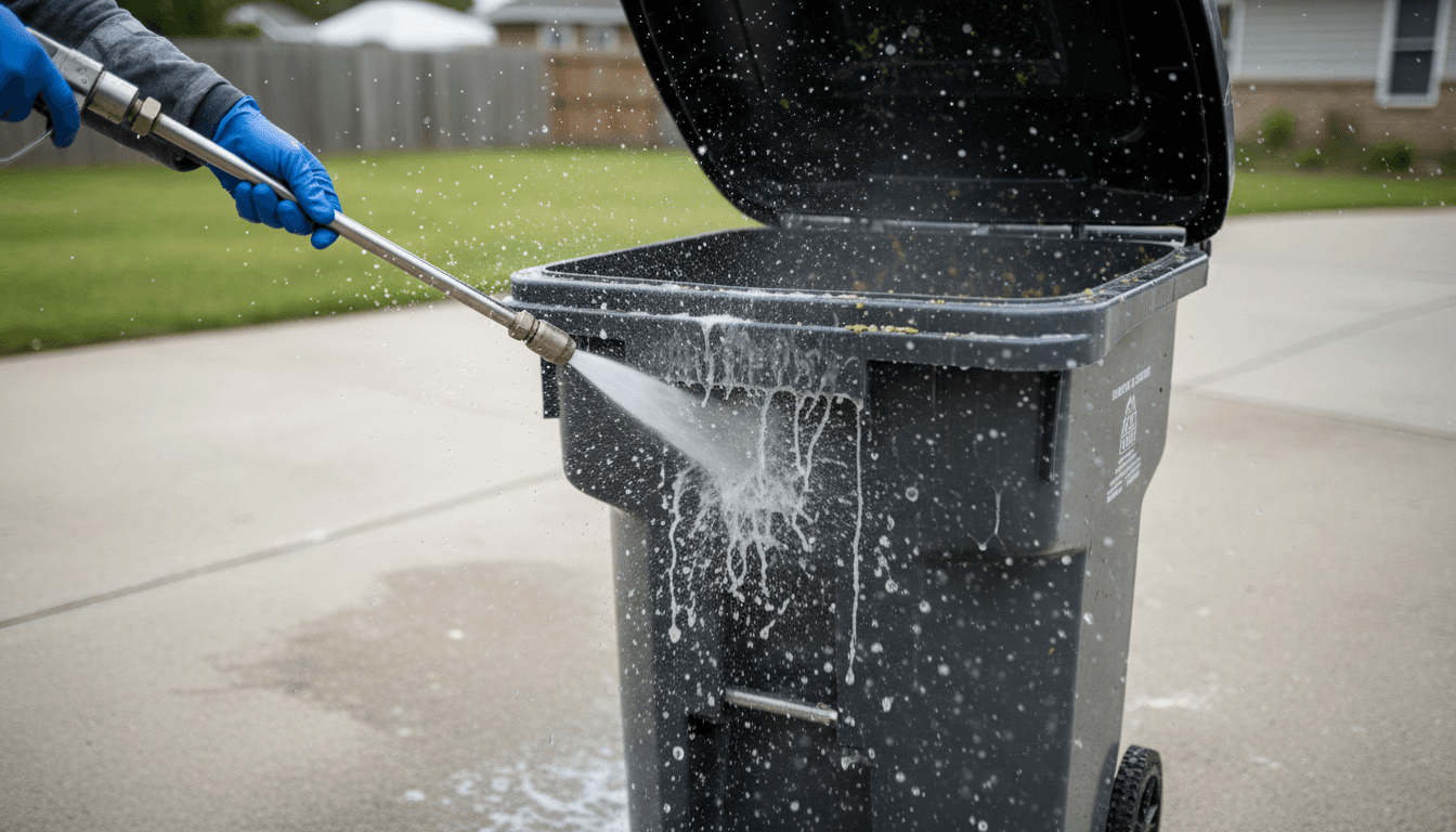 High-pressure water spray intensely cleaning inside a residential waste bin, with water mist and debris visible against natural daylight