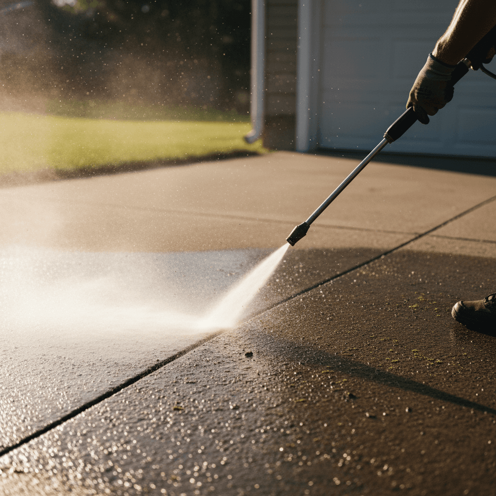 Professional pressure washing cleaning driveway