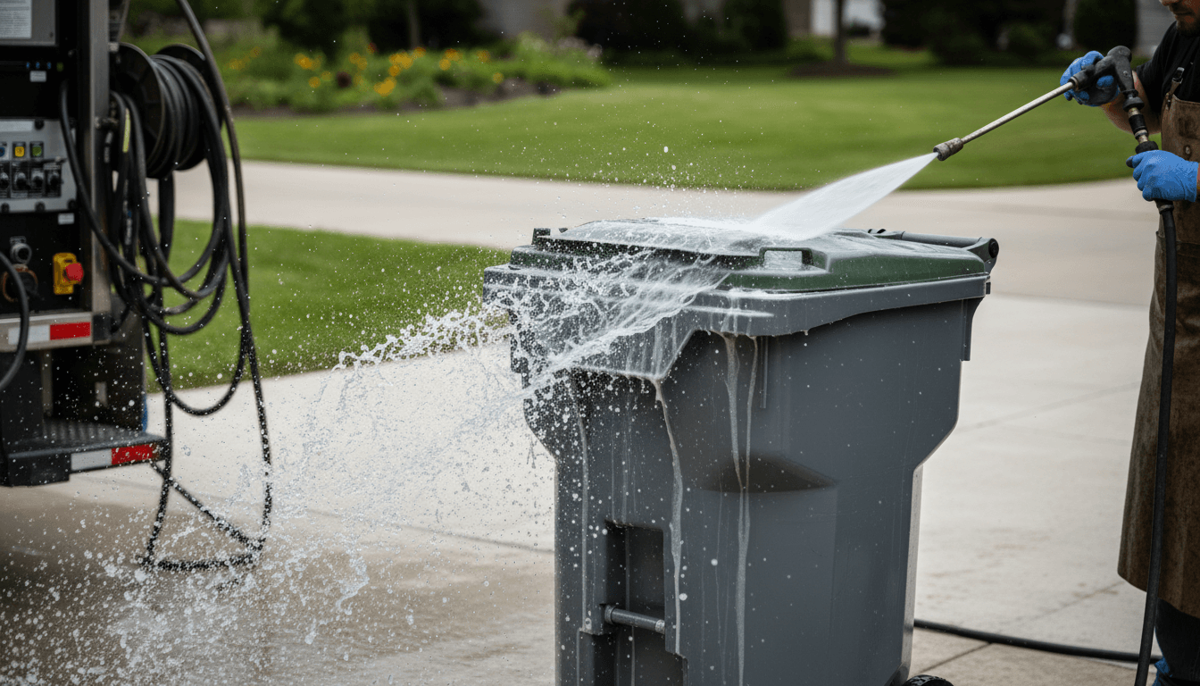 High-pressure water spray cleaning residential waste bin during professional sanitization service on driveway