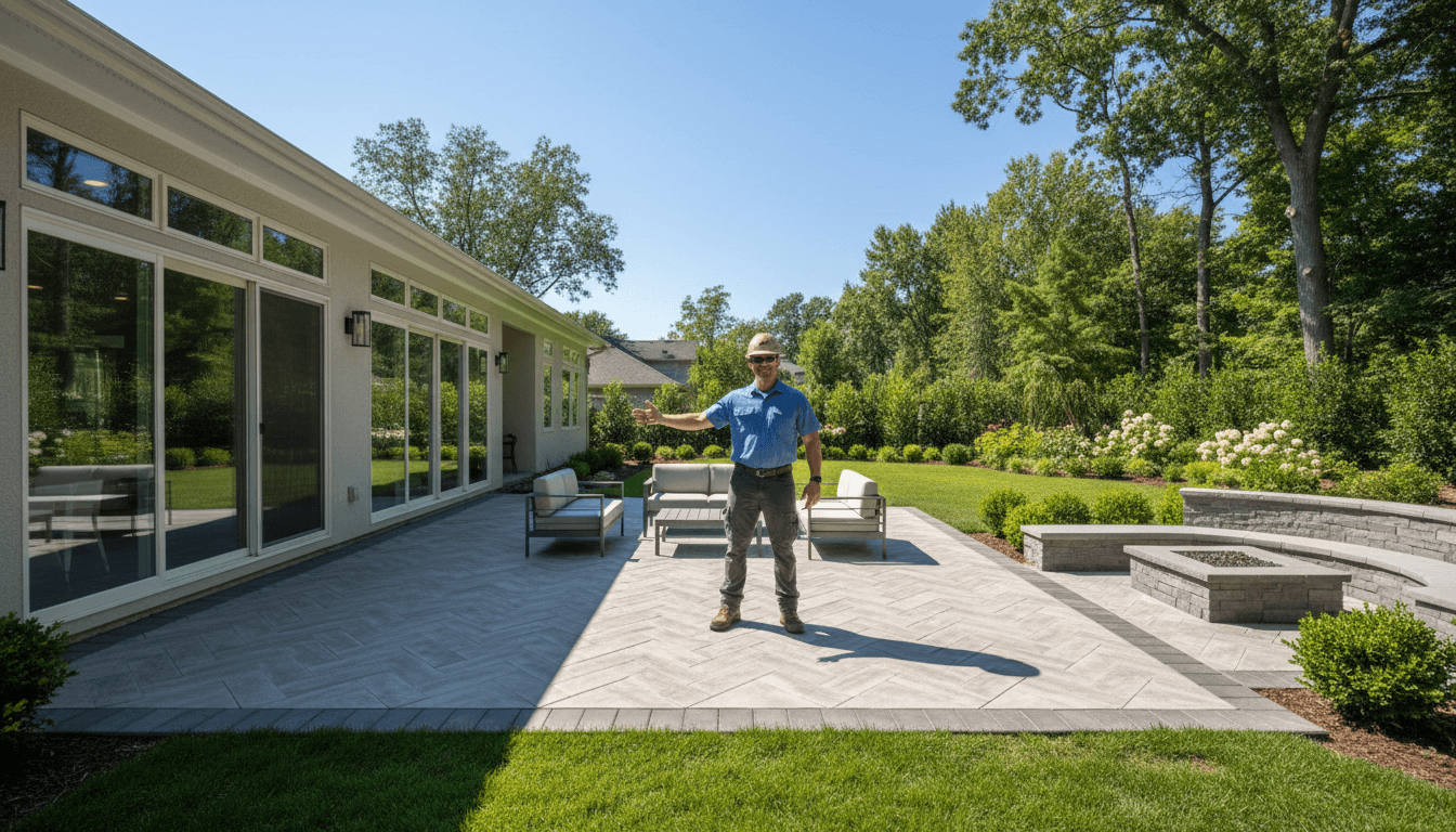 Homeowner discussing property improvements with a professional service provider outdoors