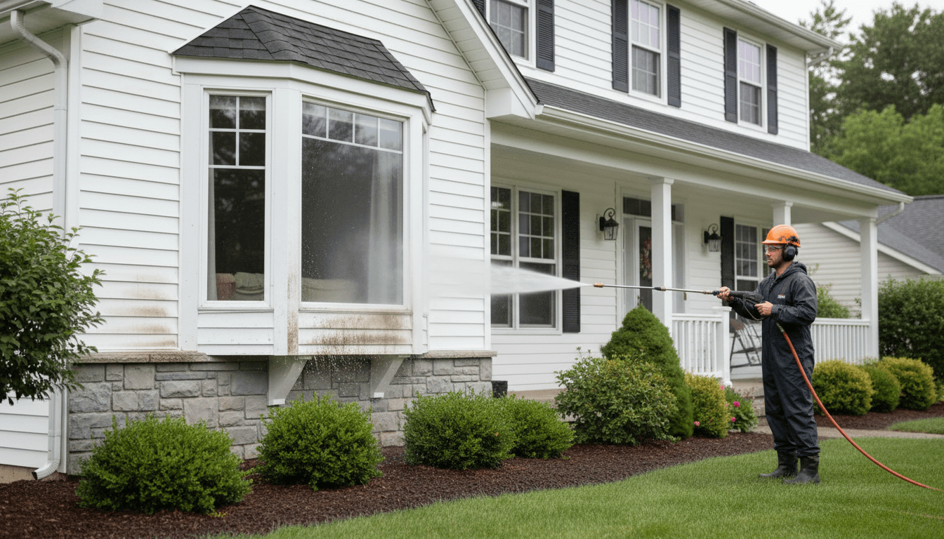 Professional pressure washing a home exterior in Houston