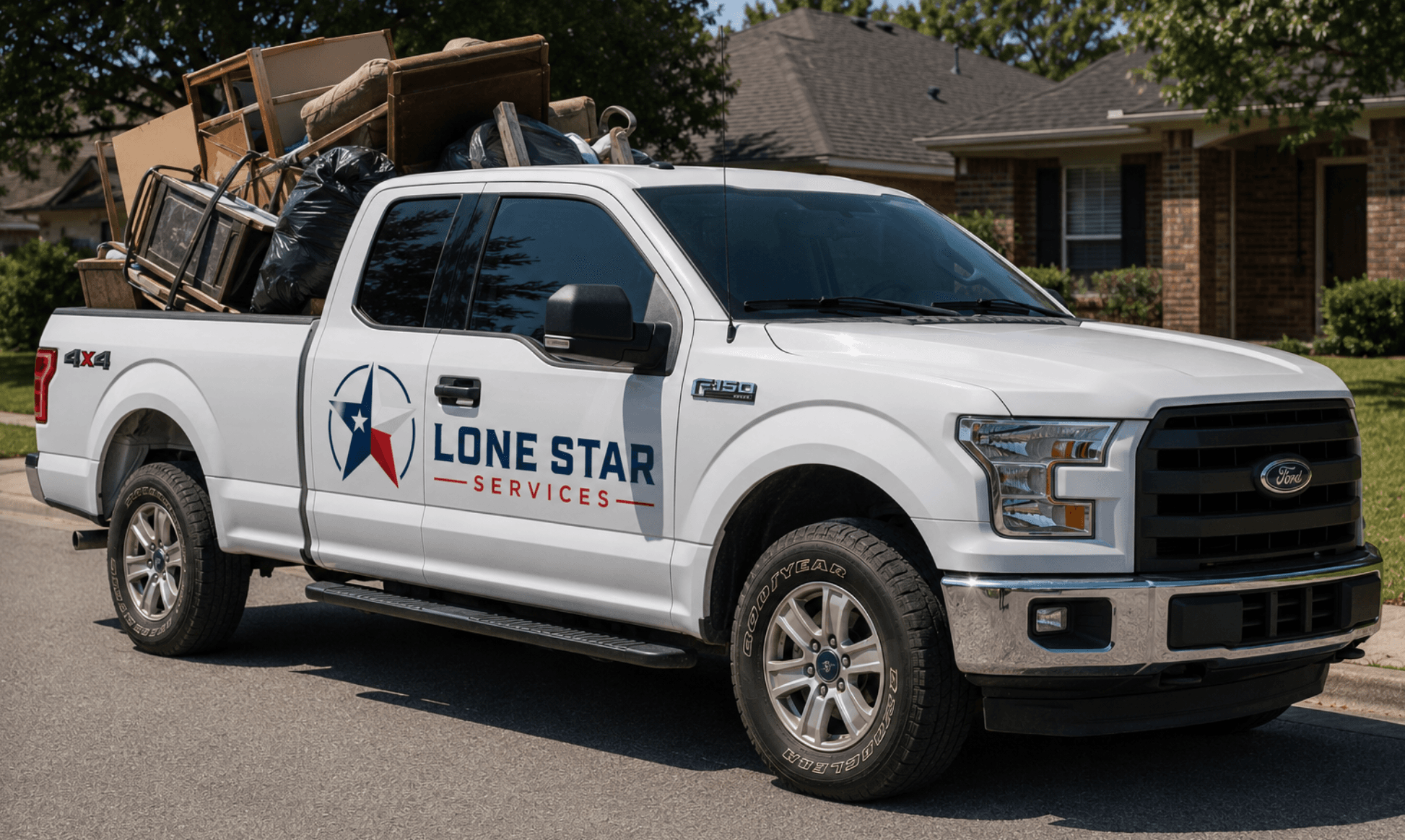 White Lone Star Services truck loaded with furniture and trash bags on a suburban street.