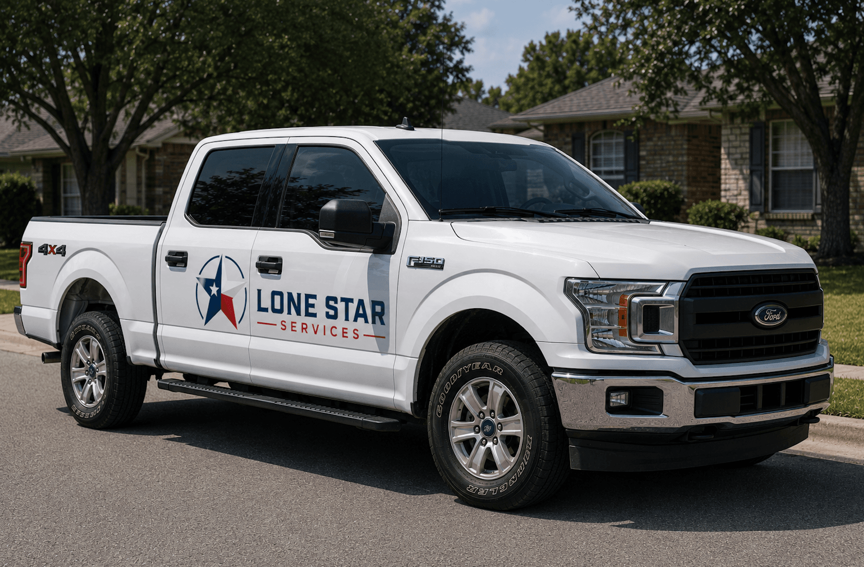 White Ford F-150 pickup truck with Lone Star Services logo parked on a residential street.